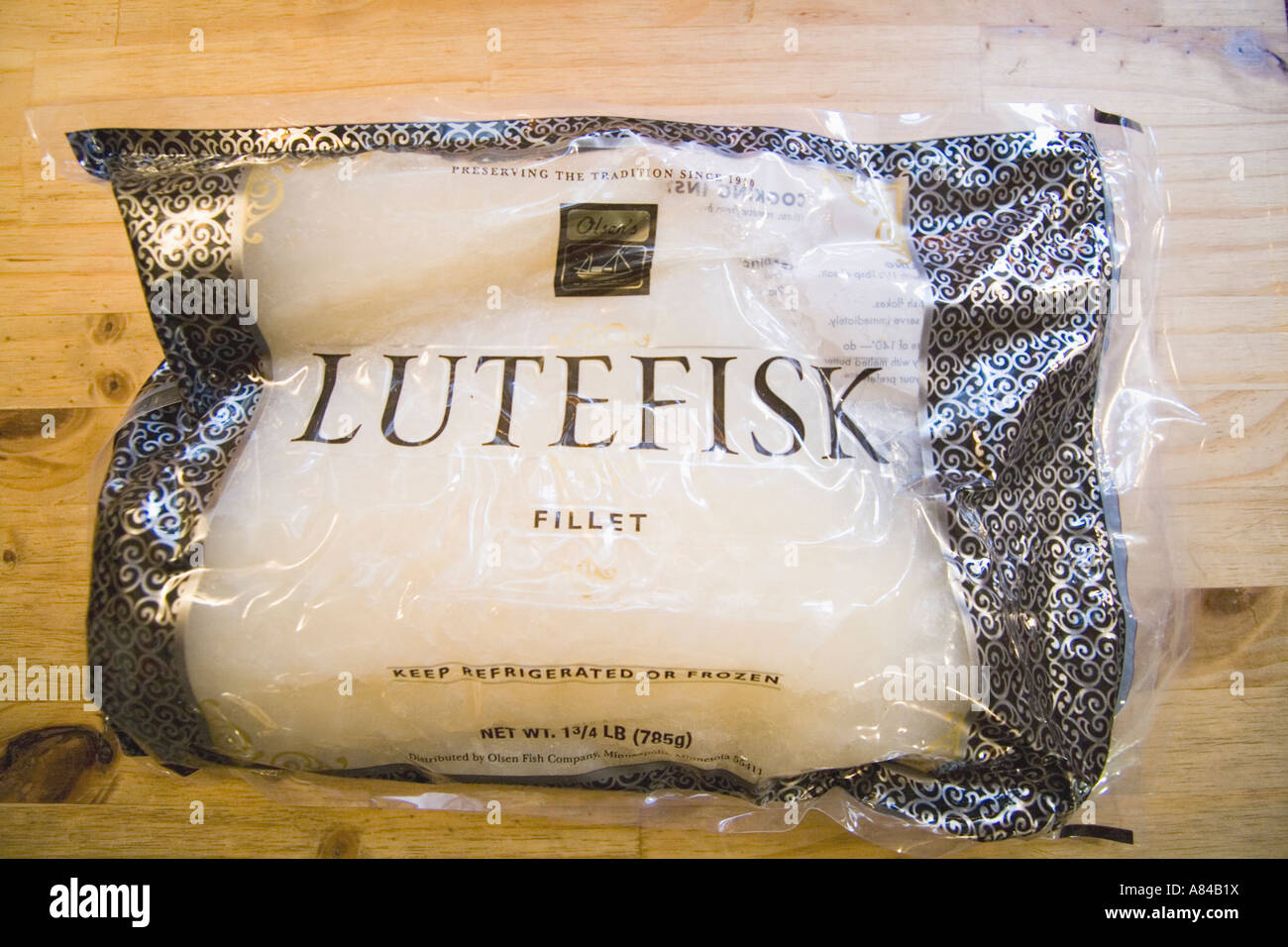 Package of Lutefisk filet a favorite form of codfish popular in Norway