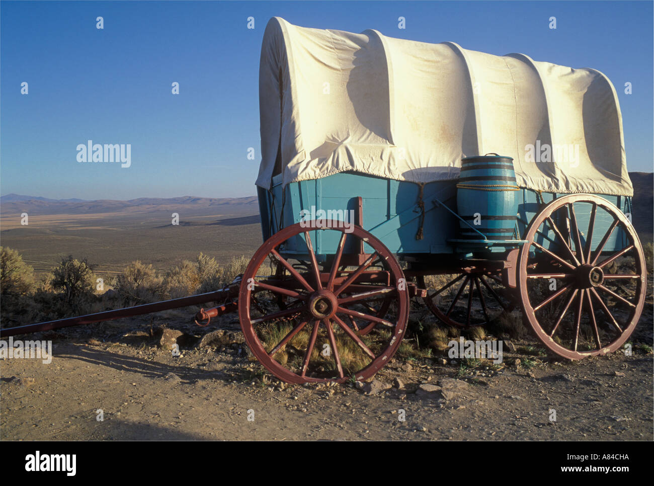 Covered wagon at Oregon Trail Interpretive Center Flagstaff Hill near Baker City Oregon Stock Photo