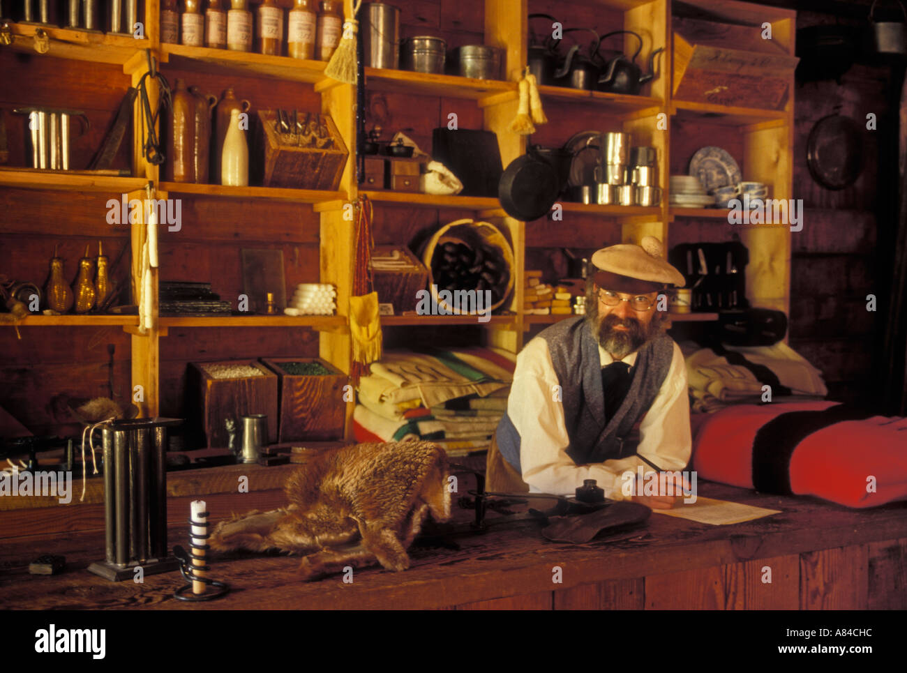Darryl Hall Historic Interpreter in Trade Store at Fort Nisqually in Point Defiance Park Tacoma Washington Stock Photo