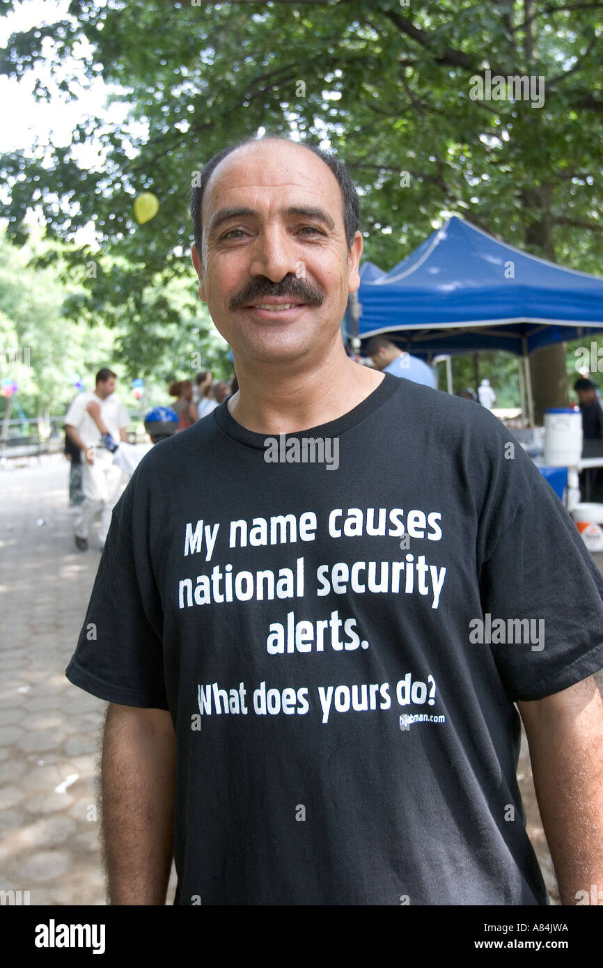 Arab American man with an ironic saying on his t-shirt. My name 