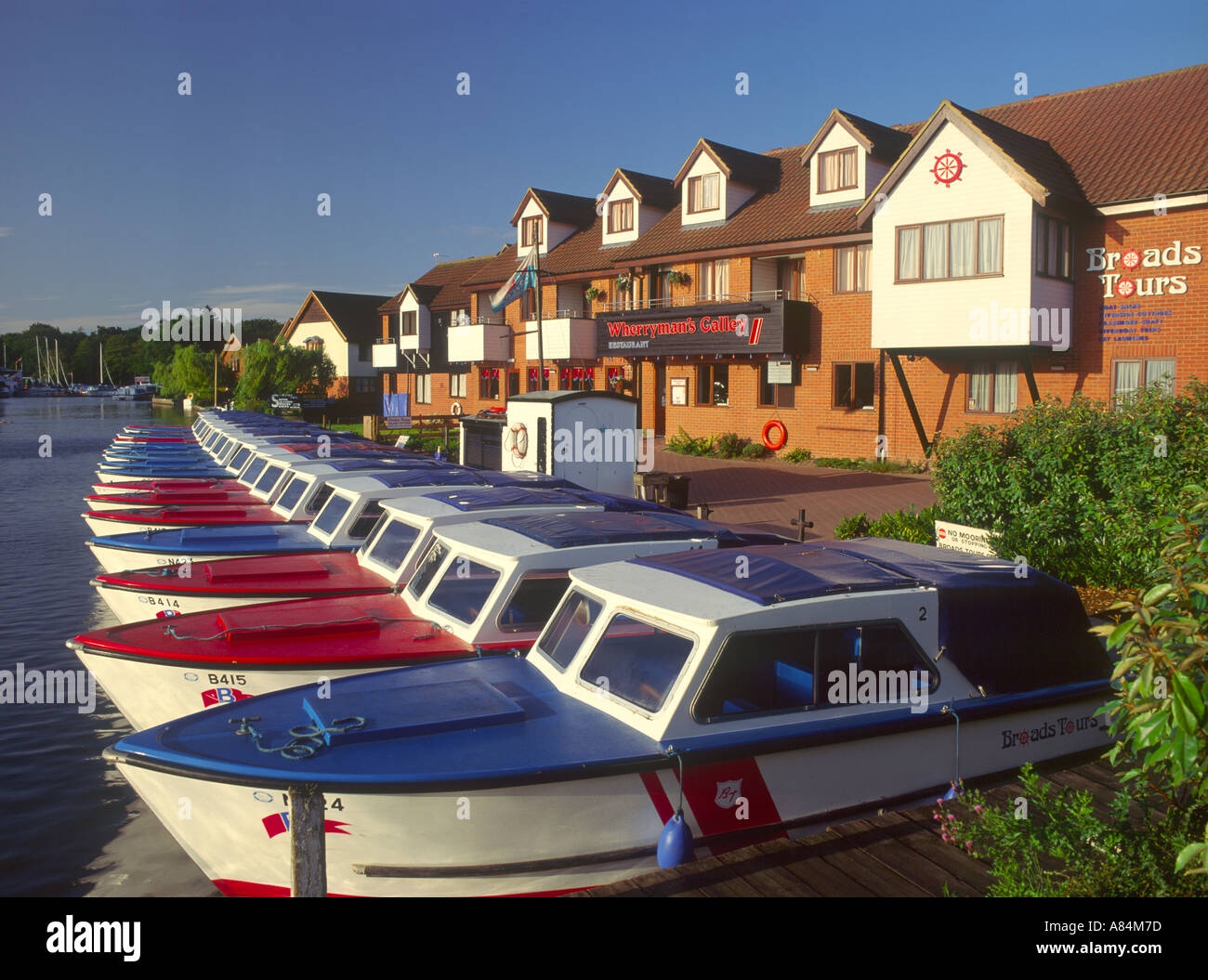 Hire boats in marina at Wroxham Norfolk Broads England UK Stock Photo