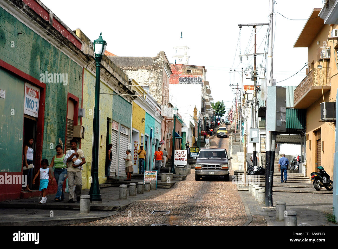 Looking uphill to the Spanish colonial quarter in the Venezuelan city of Ciudad Bolivar Stock Photo