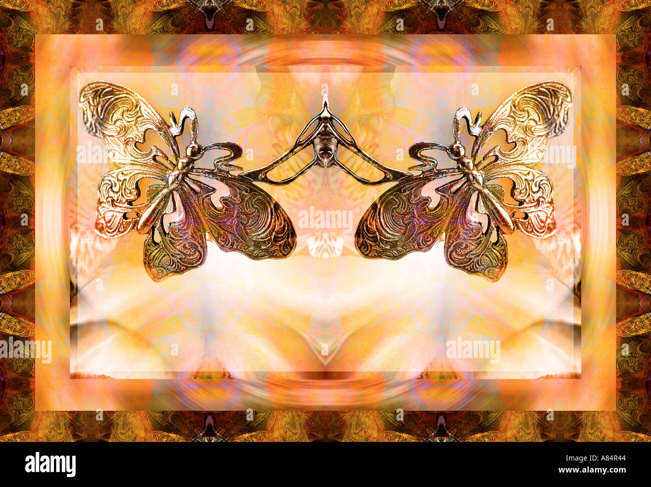 Twin butterflies, Two metal butterflies Symbolising Twins Cloning Joining together Religious Esoteric feeling Meditation Flower Stock Photo
