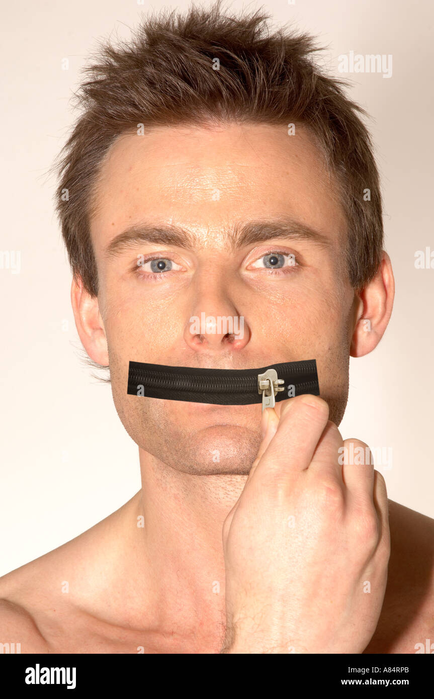 man with a zip as a mouth zip it shut up keep your mouth shut Stock Photo