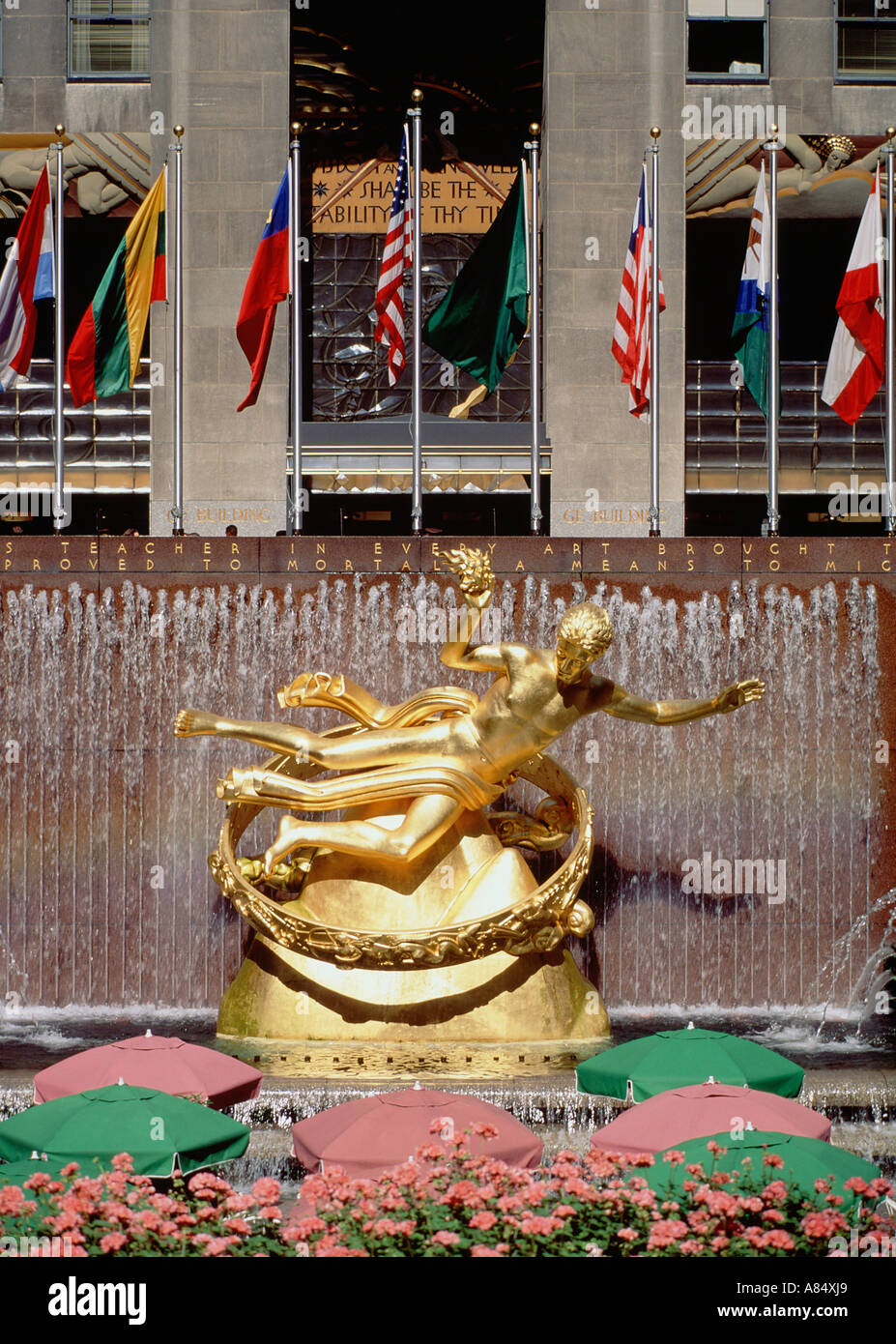 United States of America. New York City. Rockefeller Center. Bronze gilded statue of Prometheus by Paul Manship. Stock Photo