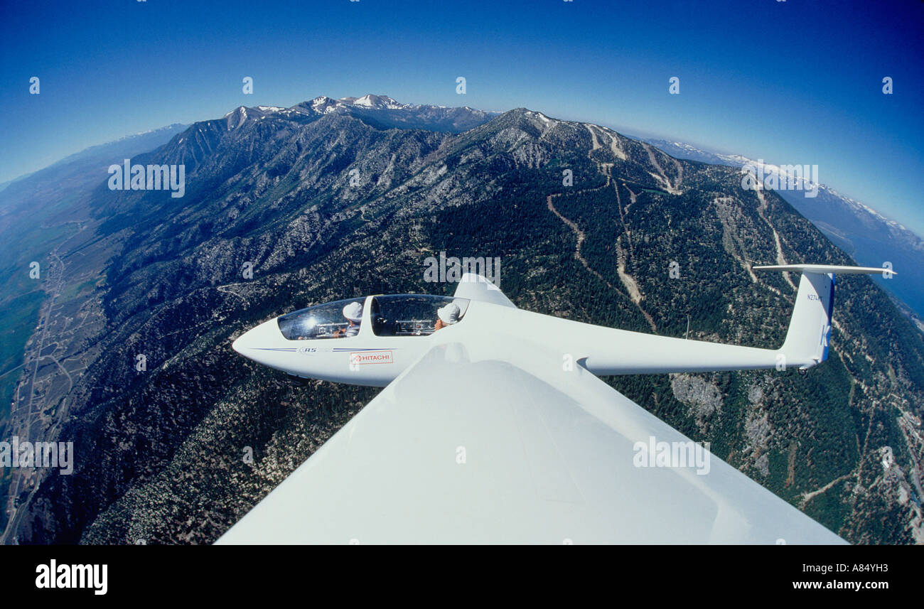 Glider in flight over Lake Tahoe region. Sierra Nevada. California. USA Stock Photo