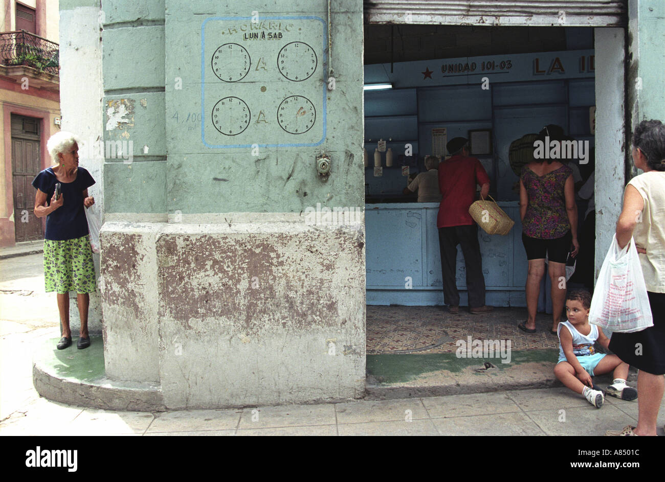 Outside a typical ration shop where Cubans go shopping with their ration books to buy various food substances that are sold in  Stock Photo