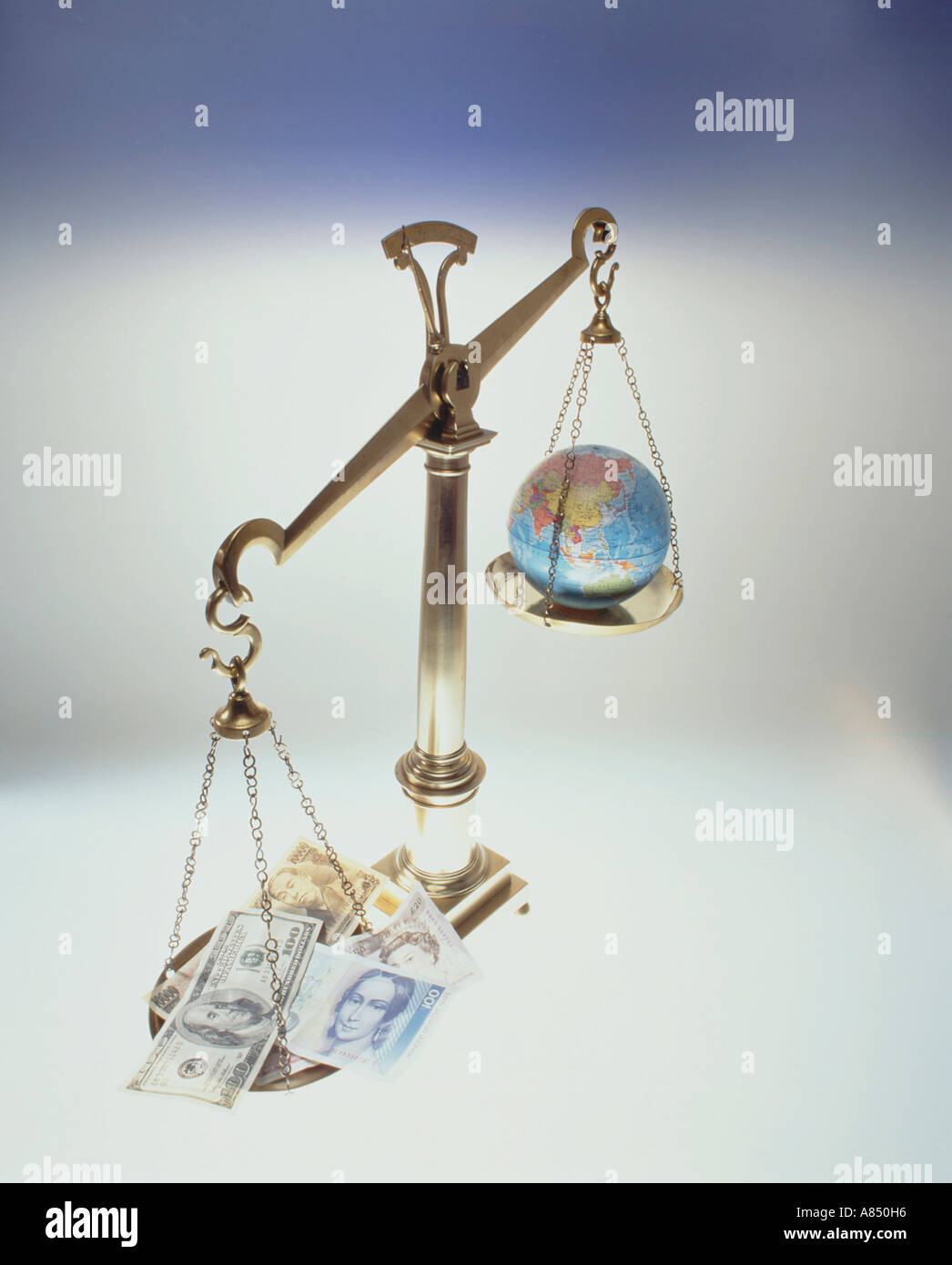 International finance concept image of balancing scales with globe on