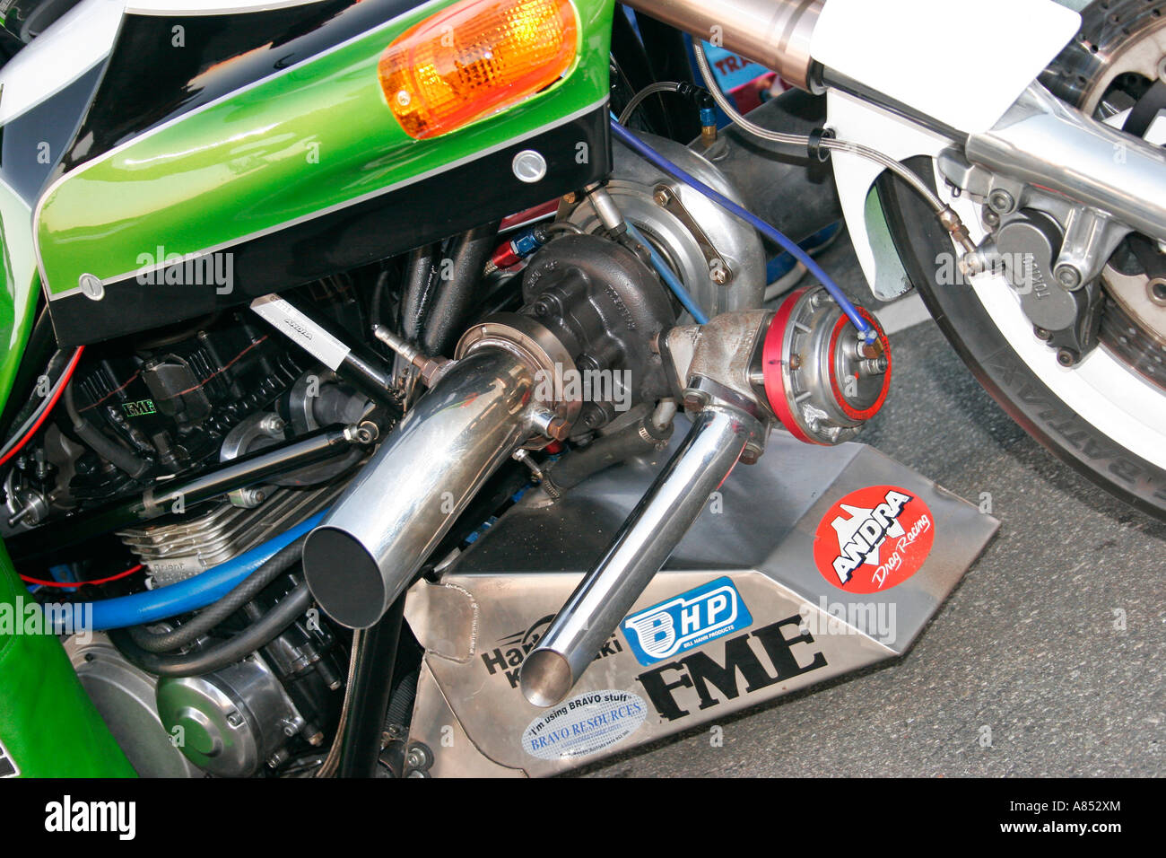 Close Up Of Turbocharger On Drag Racing Performance Motorcycle Stock Photo Alamy