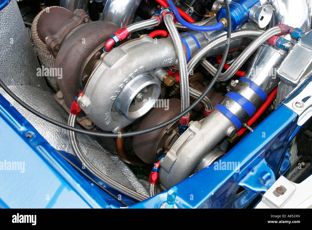 twin turbocharger set up in a modified performance race car engine bay