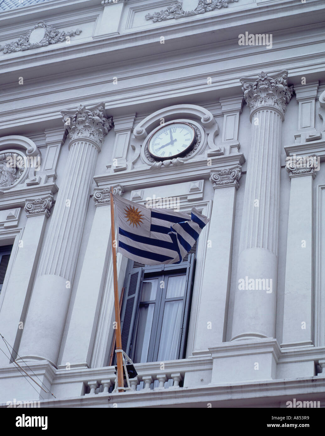 Uruguay. Montevideo University building facade close-up with national flag. Stock Photo