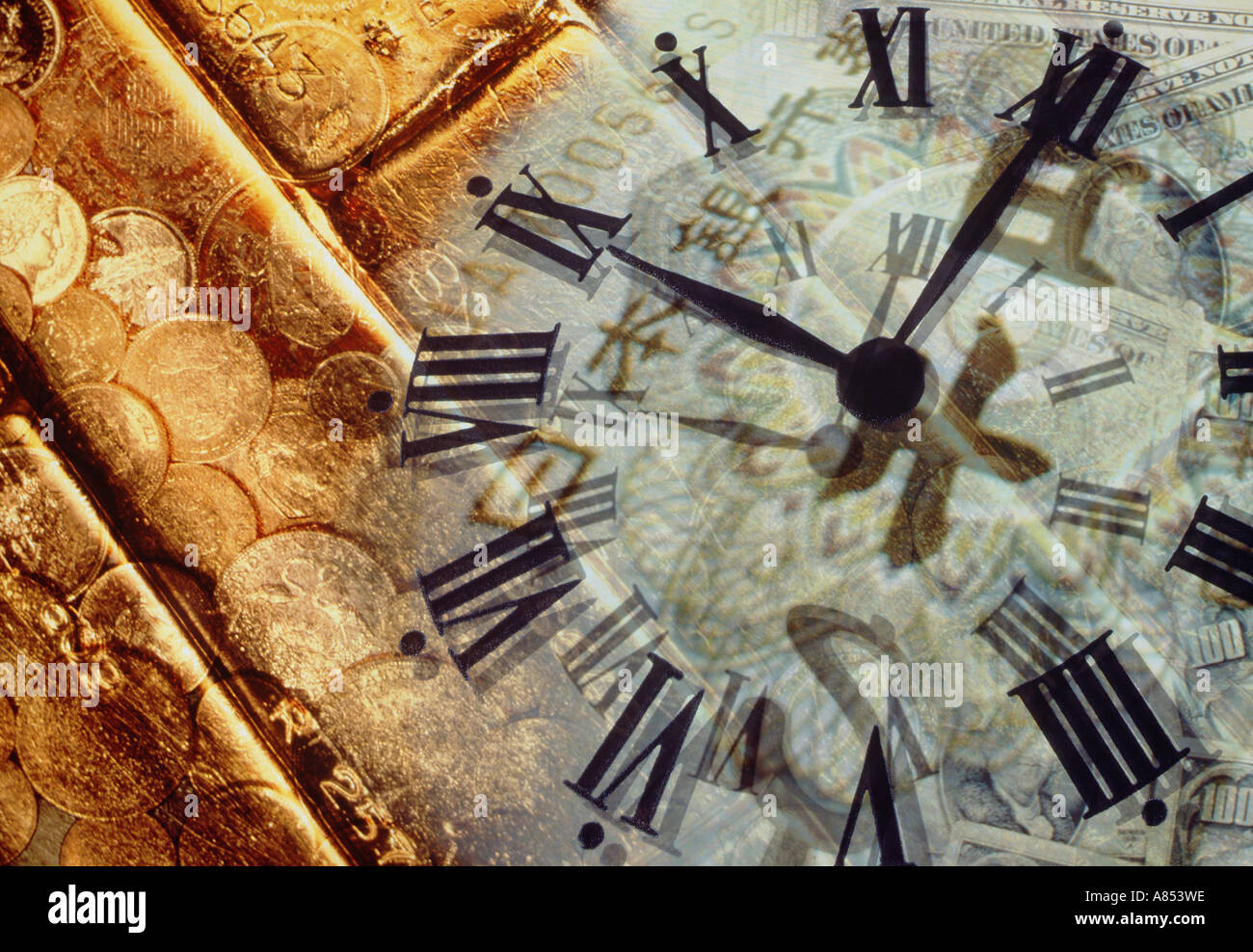 Composite image of gold bullion and time clock face. Stock Photo