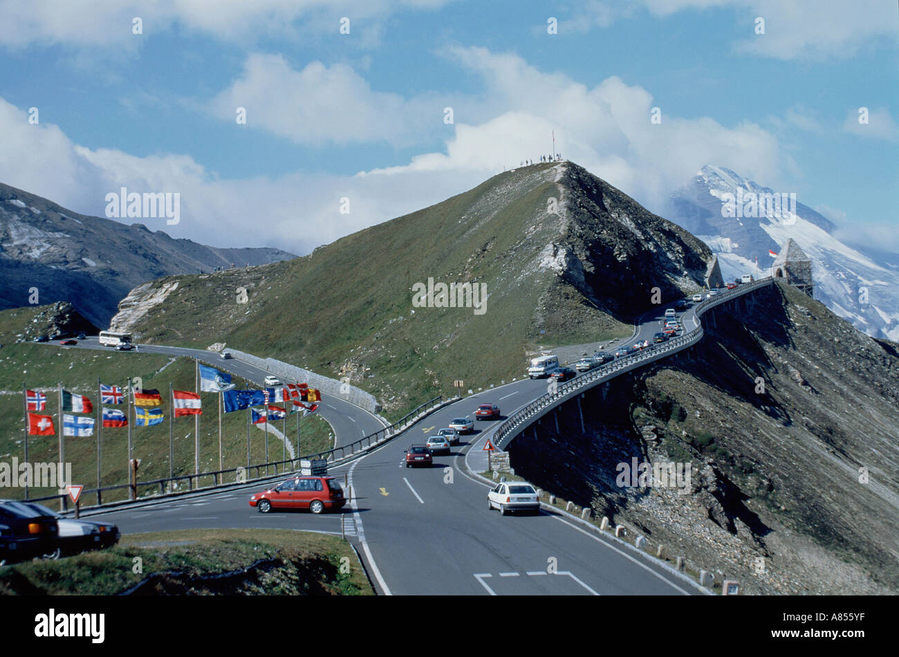 Austria. Historical image of mountain pass. Alps. Grossglockner high alpine road with vehicles circa 1985. Stock Photo