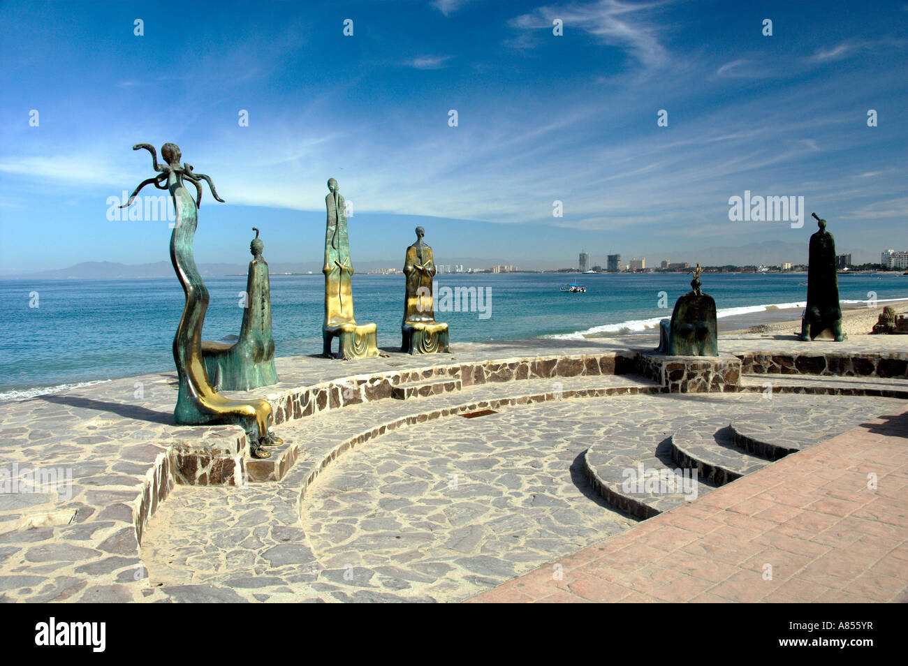 Seaside sculptures and artwork on the malecon in Puerto Vallarta Mexico