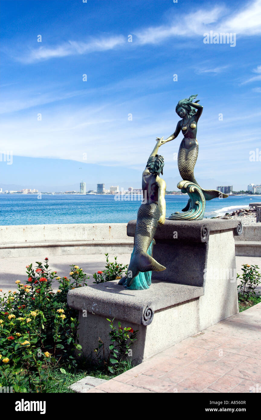 Seaside sculptures and artwork on the malecon in Puerto Vallarta Mexico Stock Photo