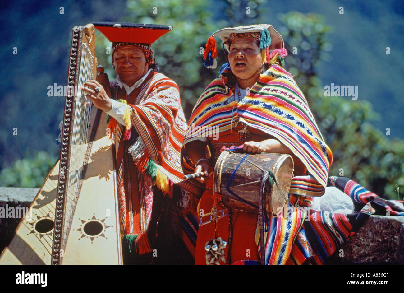 Peru. Pisac Indian market. Musicians Stock Photo