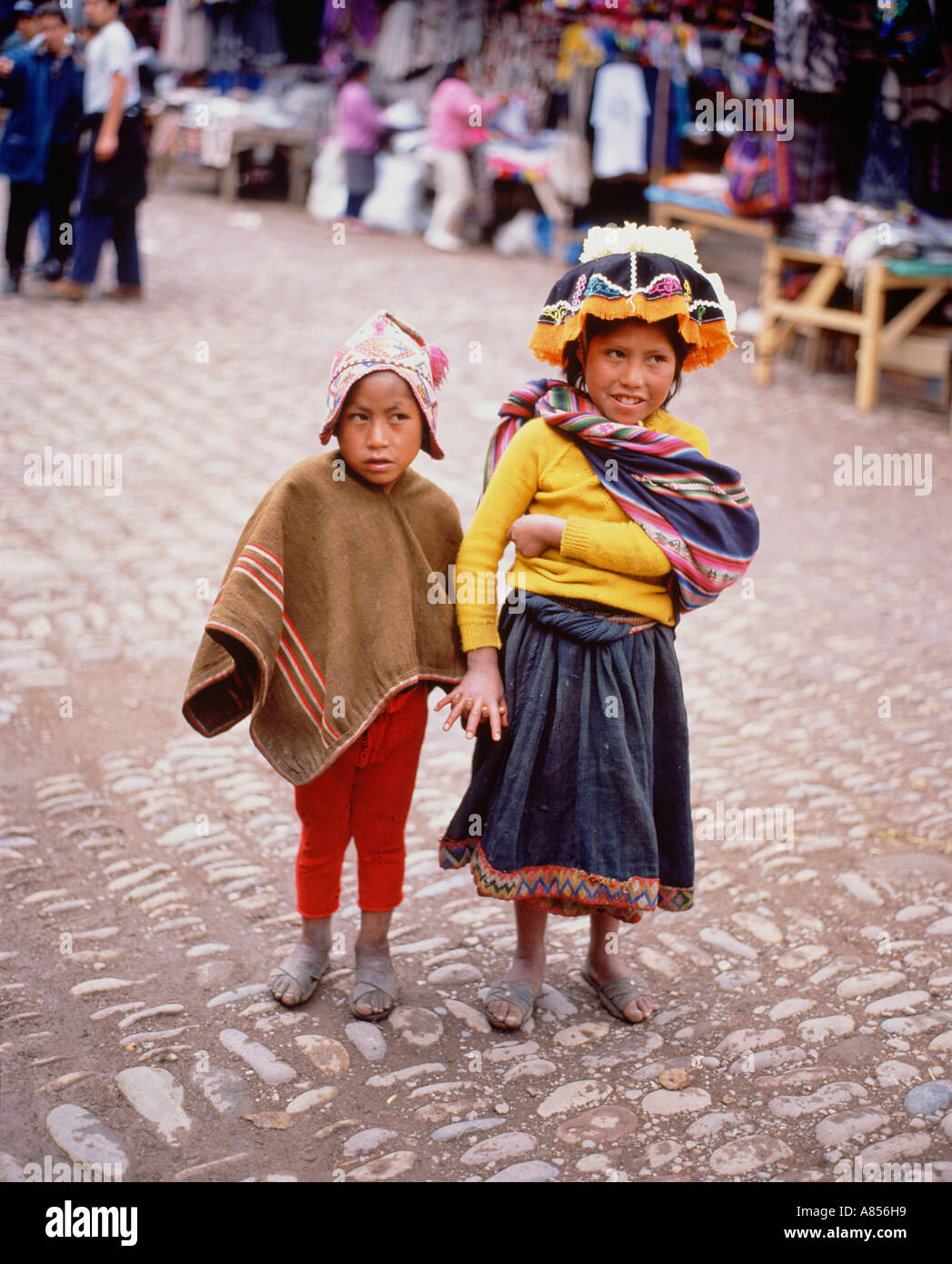 Peru. Pisac Indian market. Local children. Stock Photo