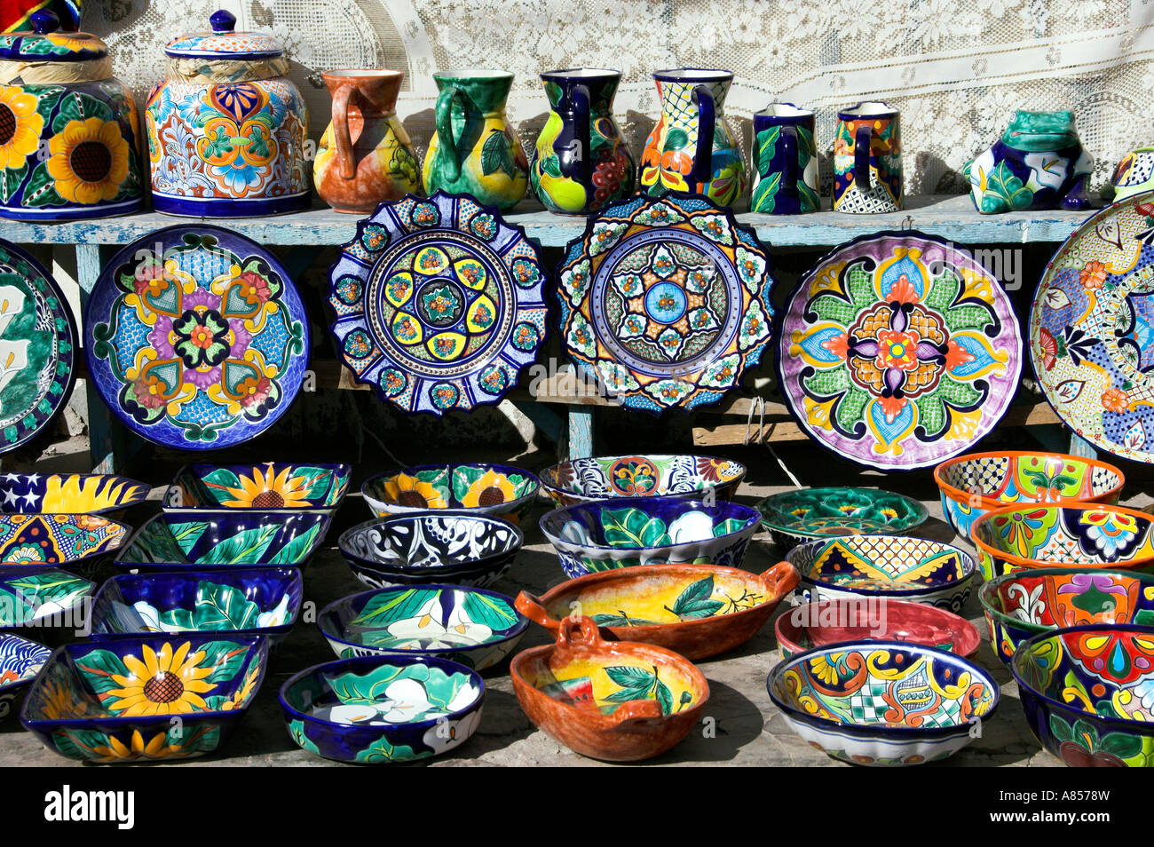 Colorful pottery for sale in the tourist shops of Loreto Mexico Stock