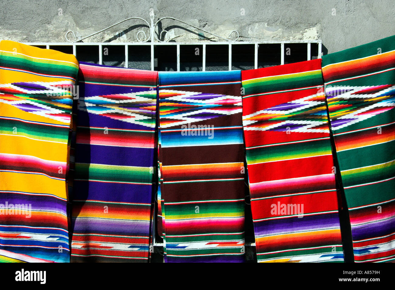Colorful blankets for sale in the tourist shops of Loreto Mexico Stock Photo