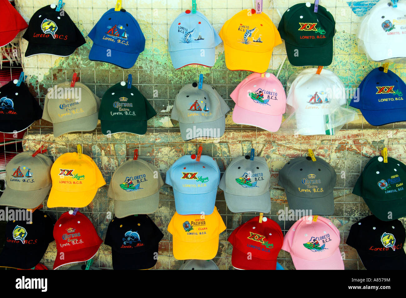 Colorful caps for sale in the tourist shops of Loreto Mexico, Baja