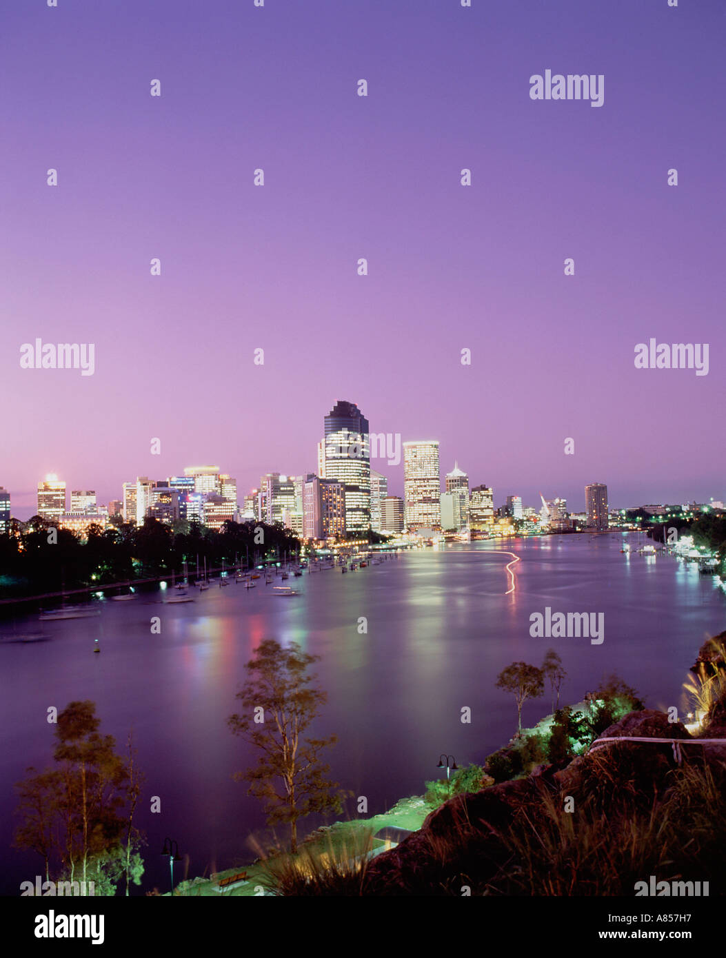 Australia Queensland Brisbane Distant City Skyline Nighttime