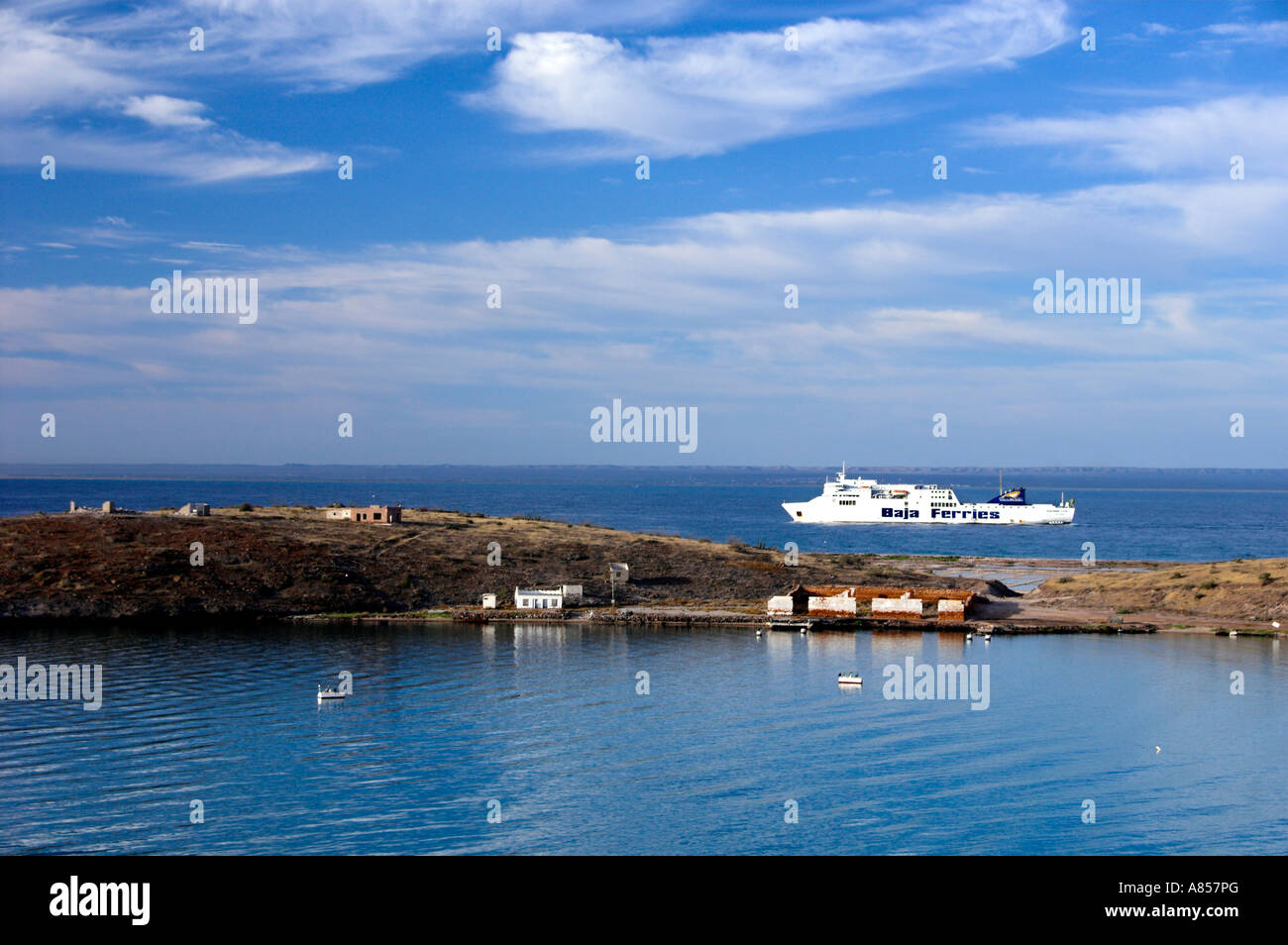 A Mexican ferry boat enteing the port facilities at Pichilingue near La Paz Mexico Stock Photo