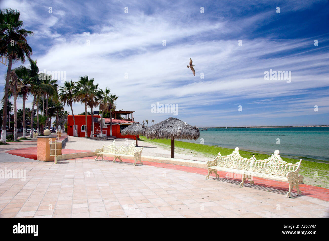 A colorful seaside restaurant along the malecon at La Paz Mexico Stock Photo