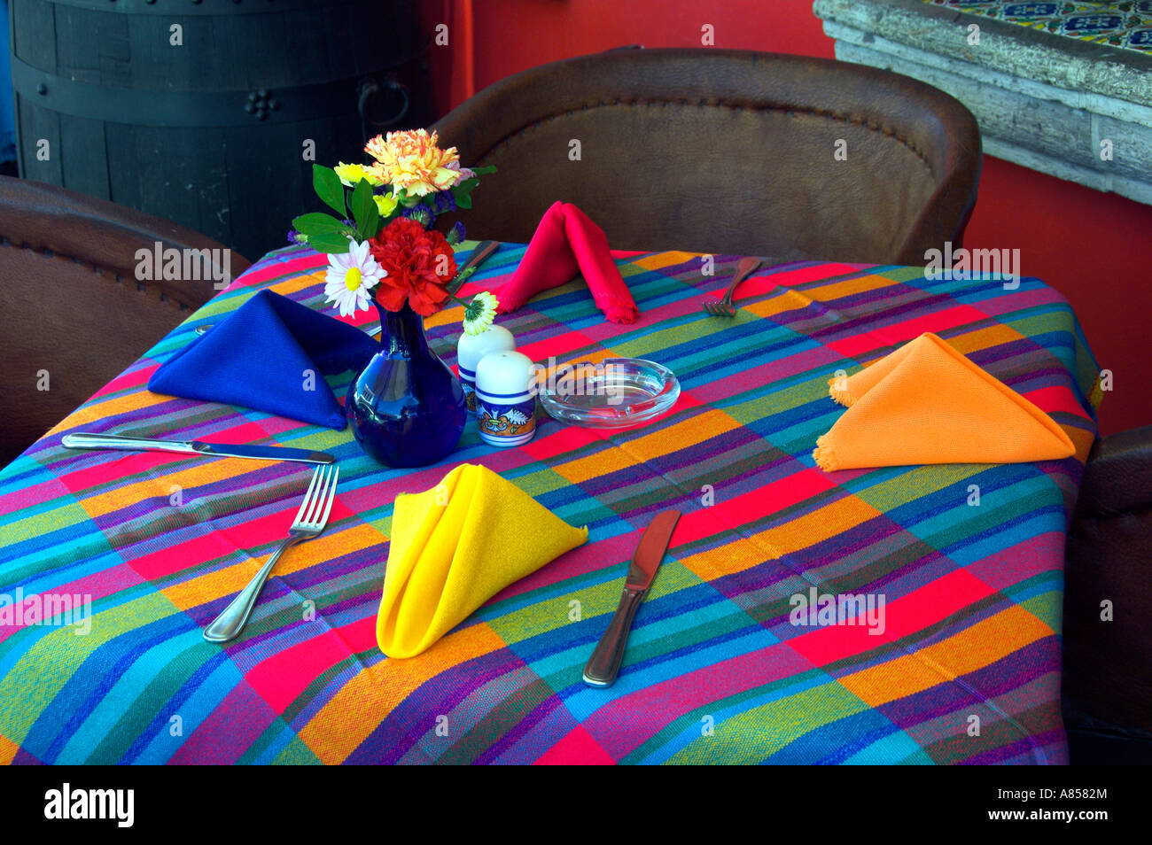 A colorful Mexican table setting at a restaurant in Cabo San Lucas