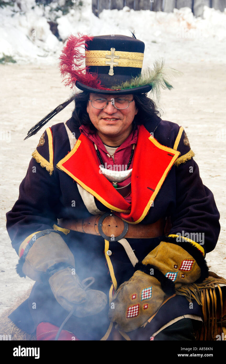 Earl in period costume at a teepee at the Aboriginal exhibit at the Festival du voyageur in Winnipeg Manitoba Canada Stock Photo