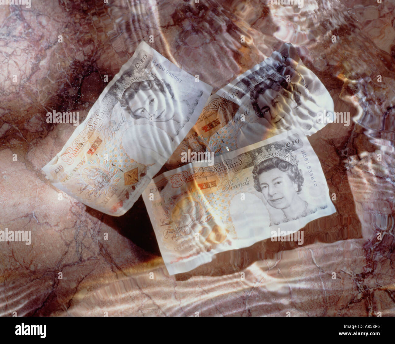 Stilllife of British currency Sterling ten pound notes floating under