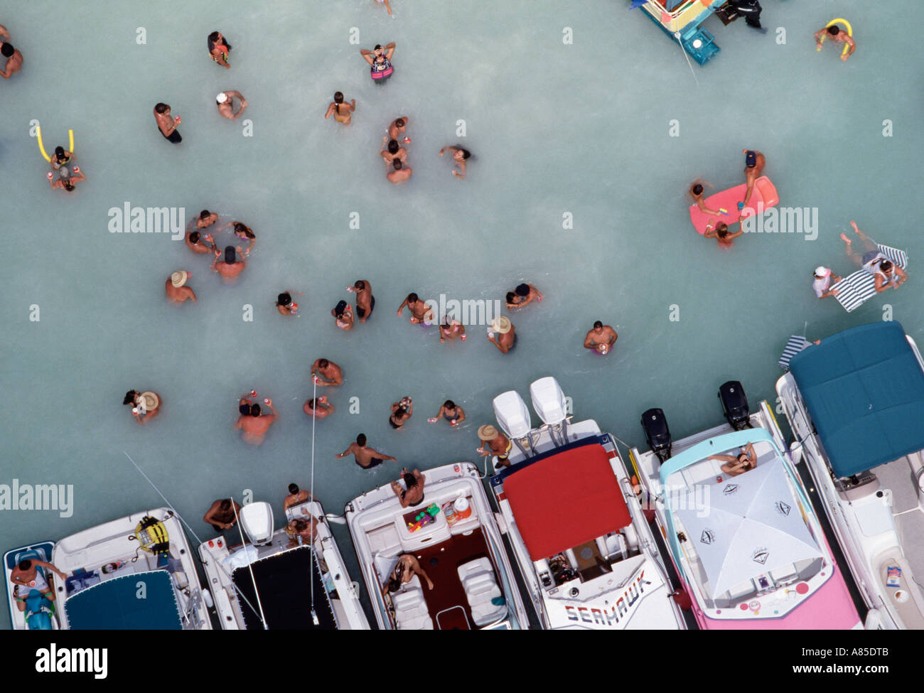 FL Upper Keys Aerial near Windley Key boaters gather at Whale Harbor Channel sandbar Stock Photo