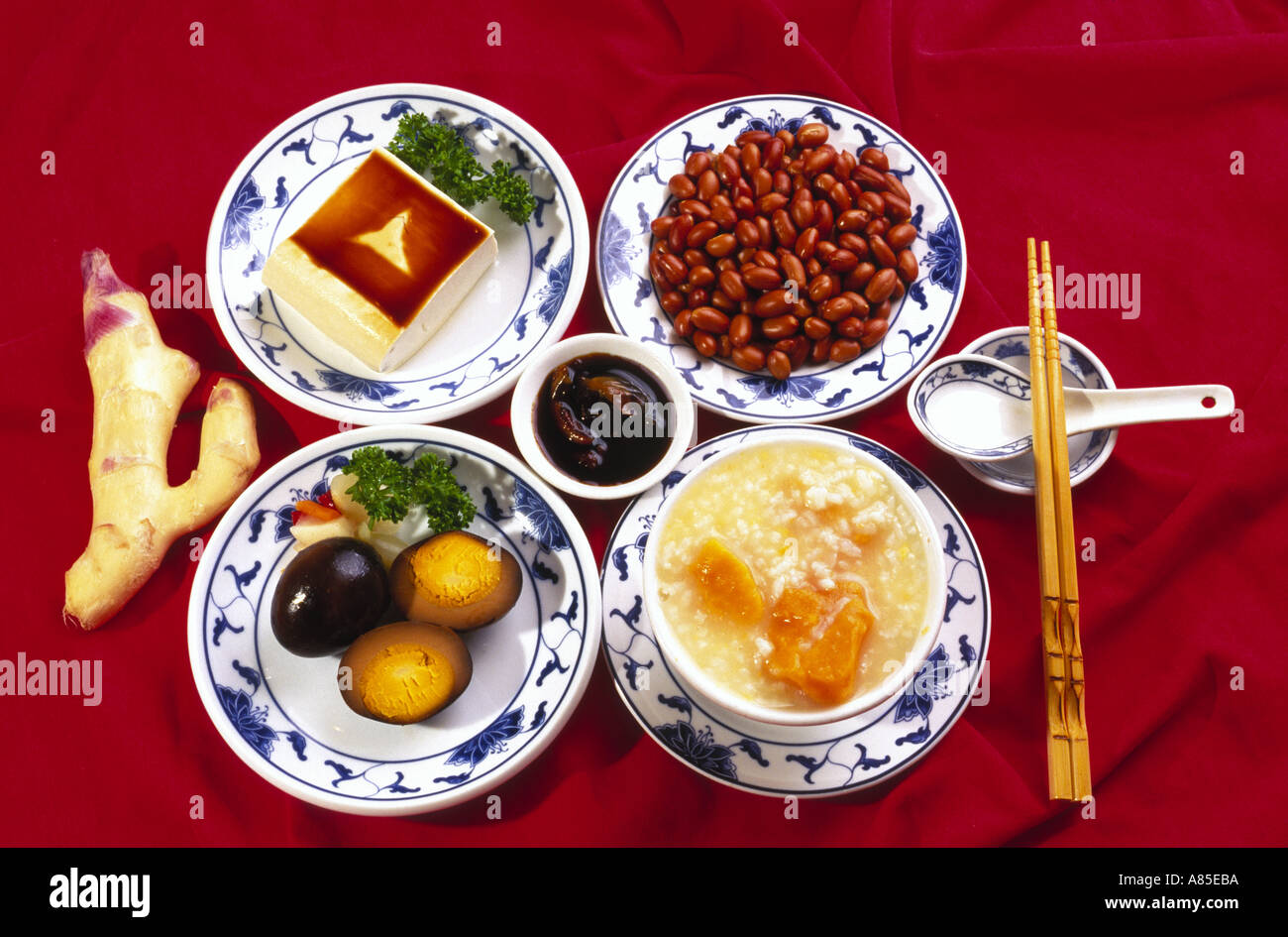 Chinese snacks from Taiwan Tufu peanuts tea egg pumpkin soup Stock Photo