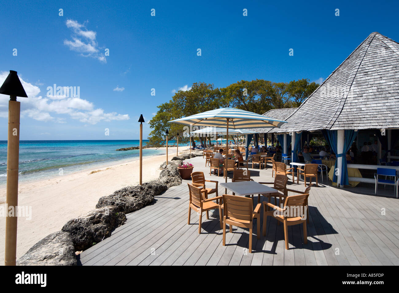Terrace of Reef Restaurant, Almond Beach Village, St Peter, West Coast, Barbados, Caribbean Stock Photo