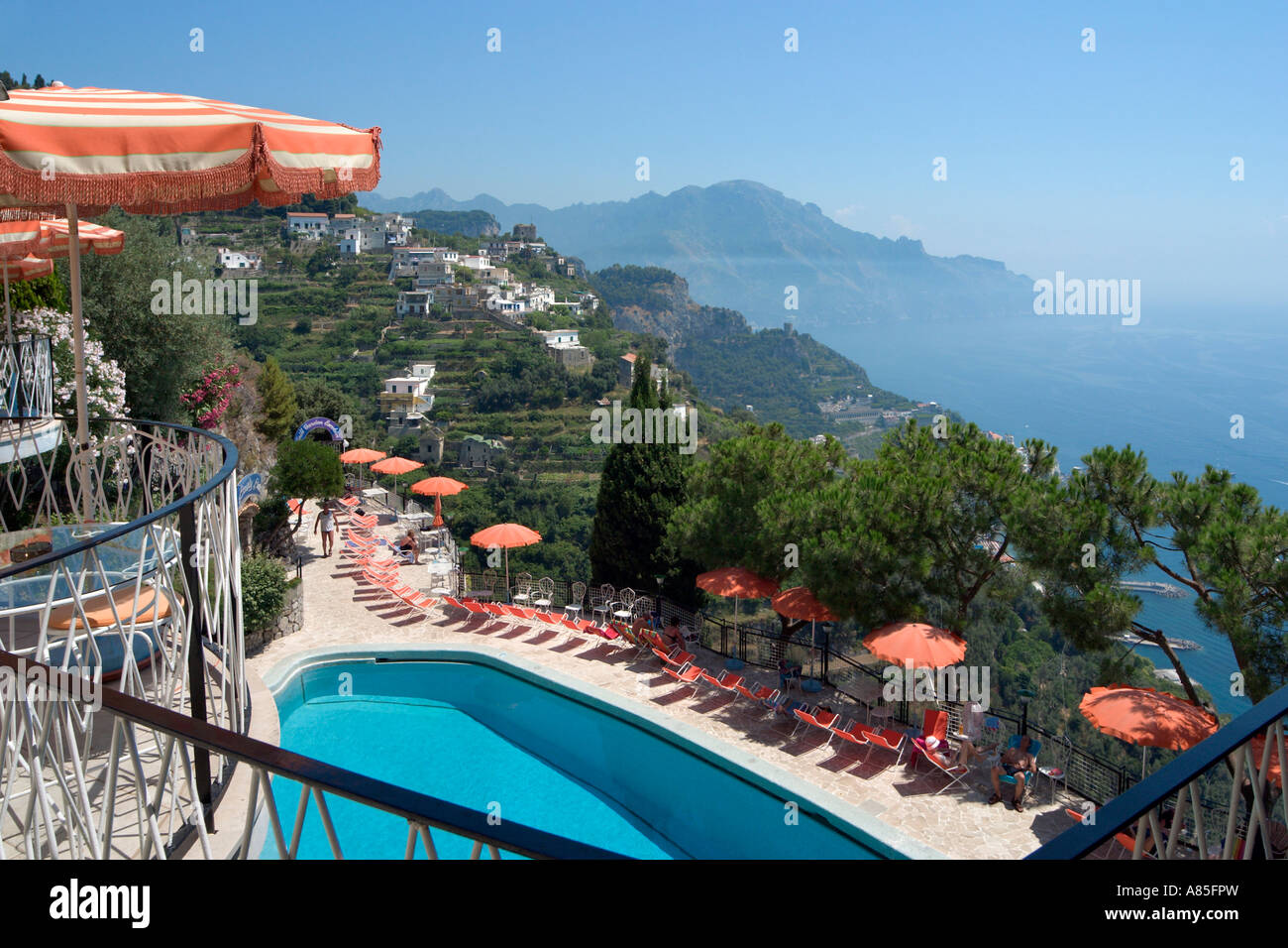 View over swimming pool towards Amalfi, Hotel Excelsior, Amalfi, Neapolitan Riviera, Italy Stock Photo