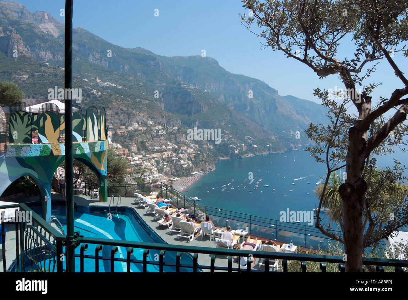 View over Positano from Hotel Le Agavi, Positano, Neapolitan Riviera, Italy Stock Photo