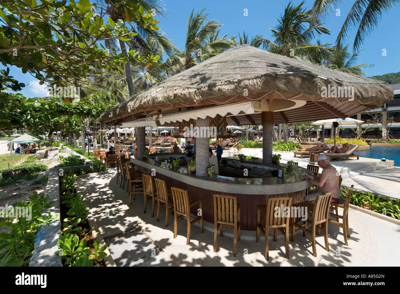 Beach and Pool Bar, Kathathani Beach Resort, Phuket, Thailand Stock Photo