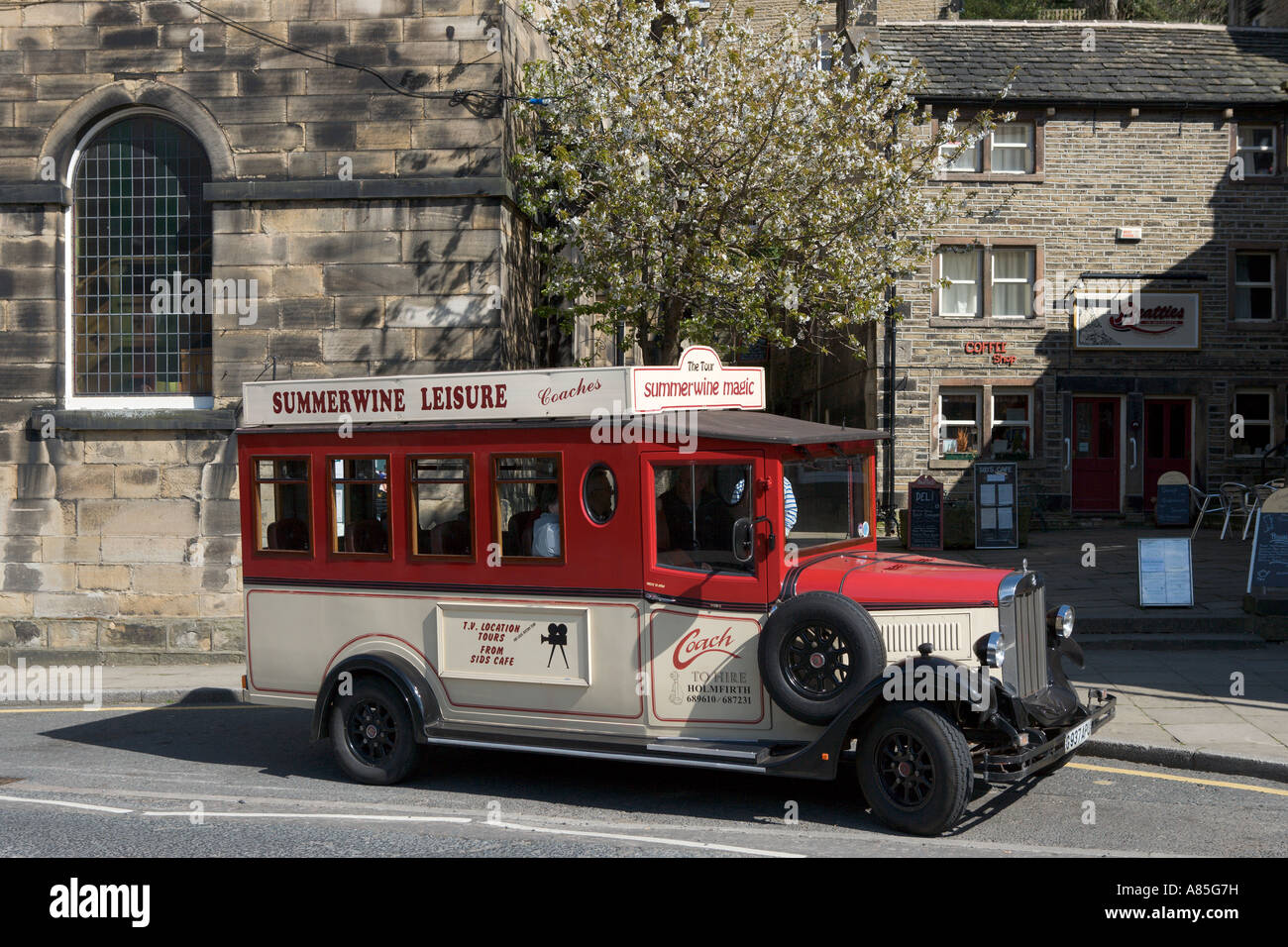 Coffee Shop and Summerwine Tour Vehicle, Holmfirth, West Yorkshire, England, UK Stock Photo