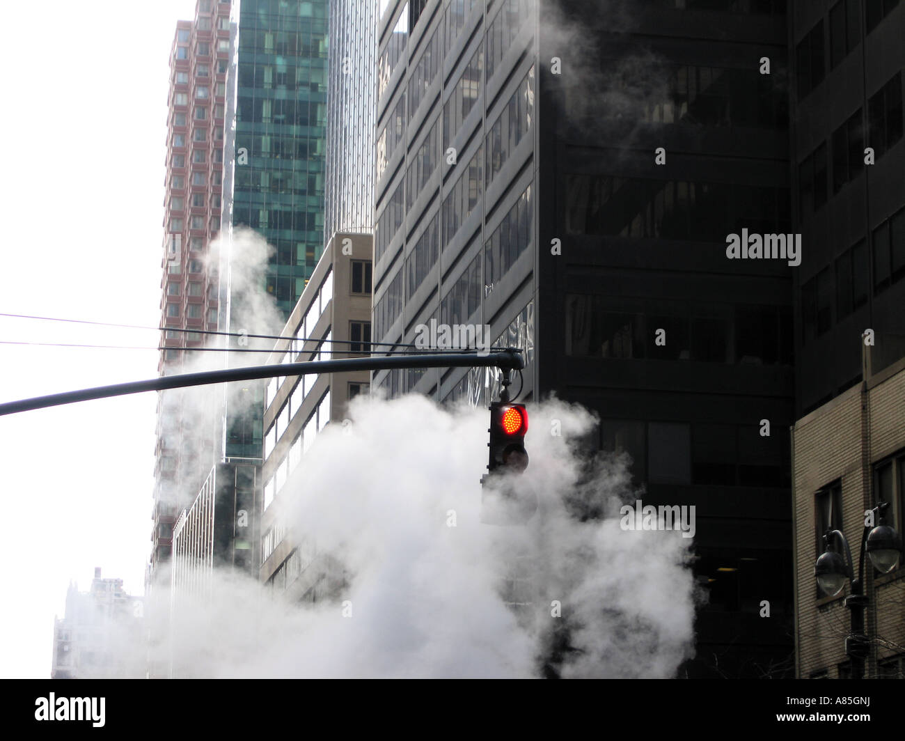 Steam rising from road and surrounding red traffic light, New York City ...