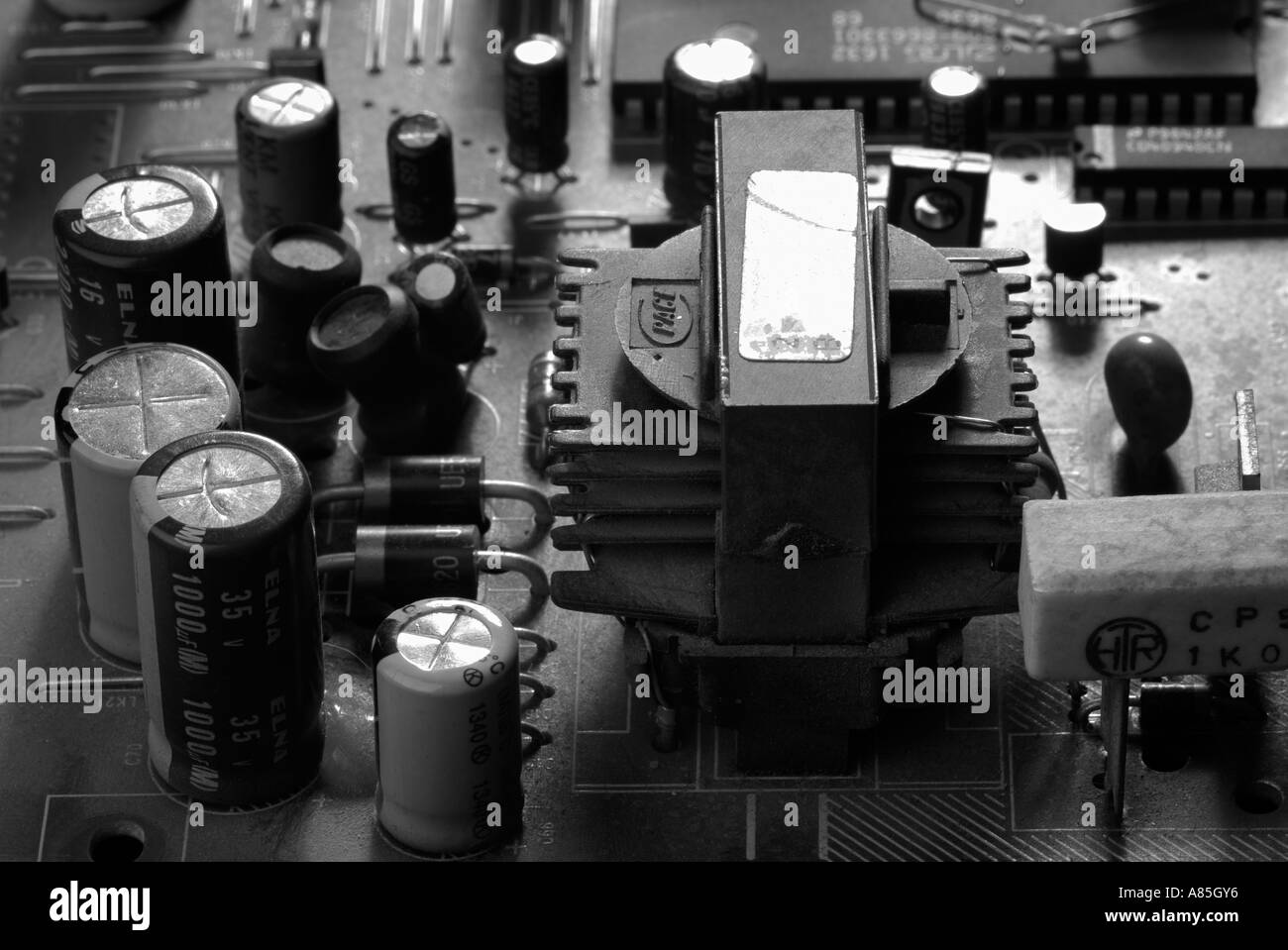 Transformer and Various Electronic Components on a Circuit Board Stock