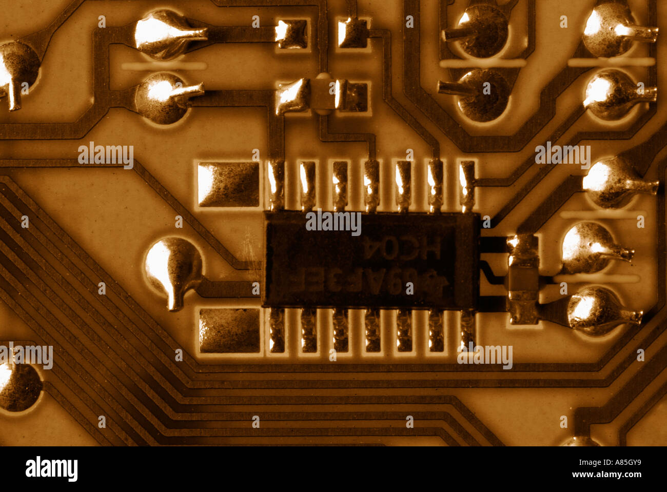 Microchip on a Circuit Board, Close Up. Stock Photo