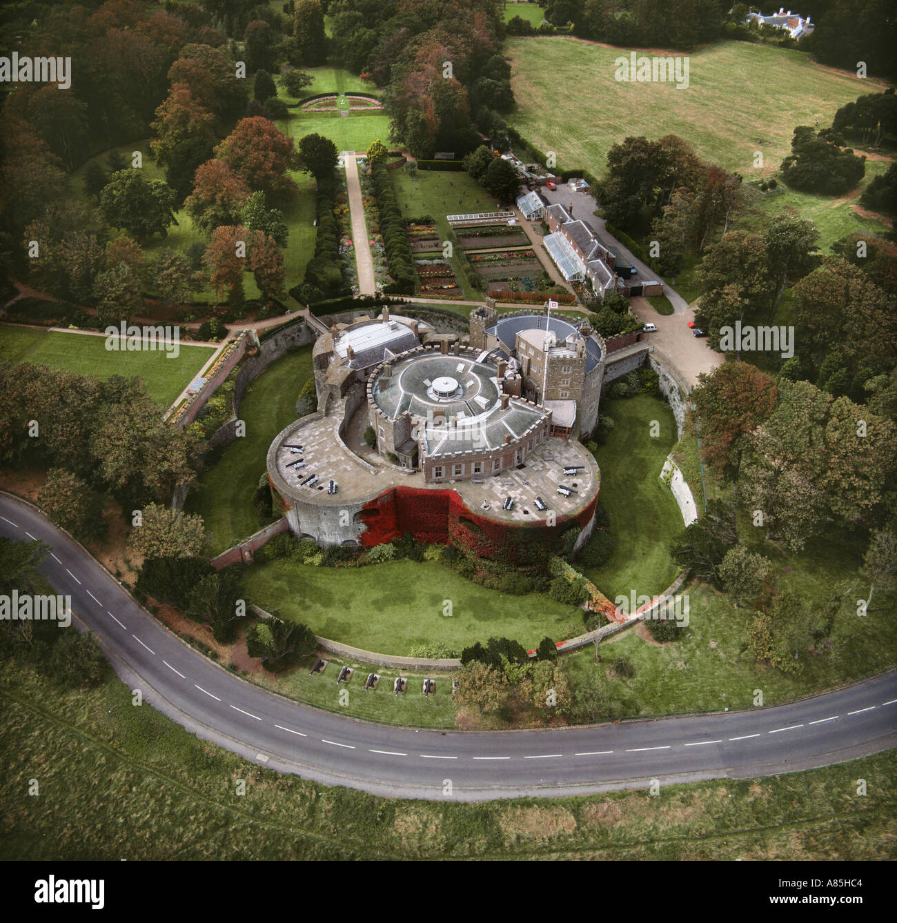 Walmer Castle Henry VIII coastal fort Kent UK aerial view one of the Cinque Ports Stock Photo