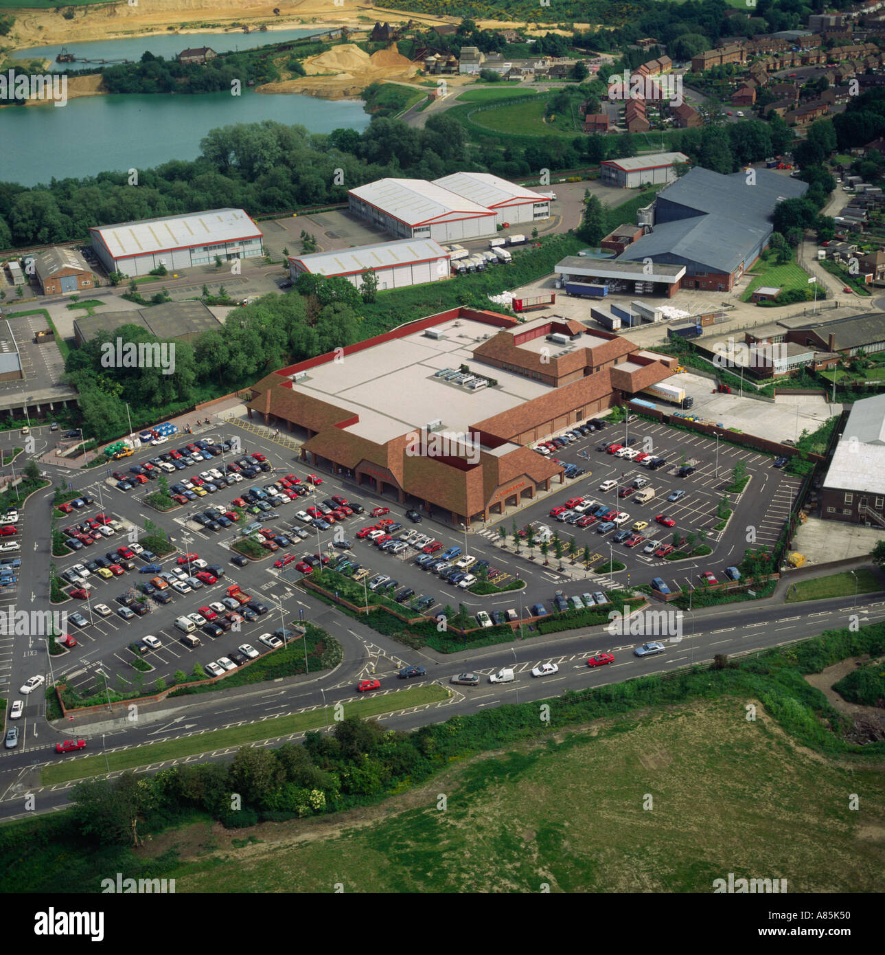 Out of town supermarket UK aerial view Stock Photo