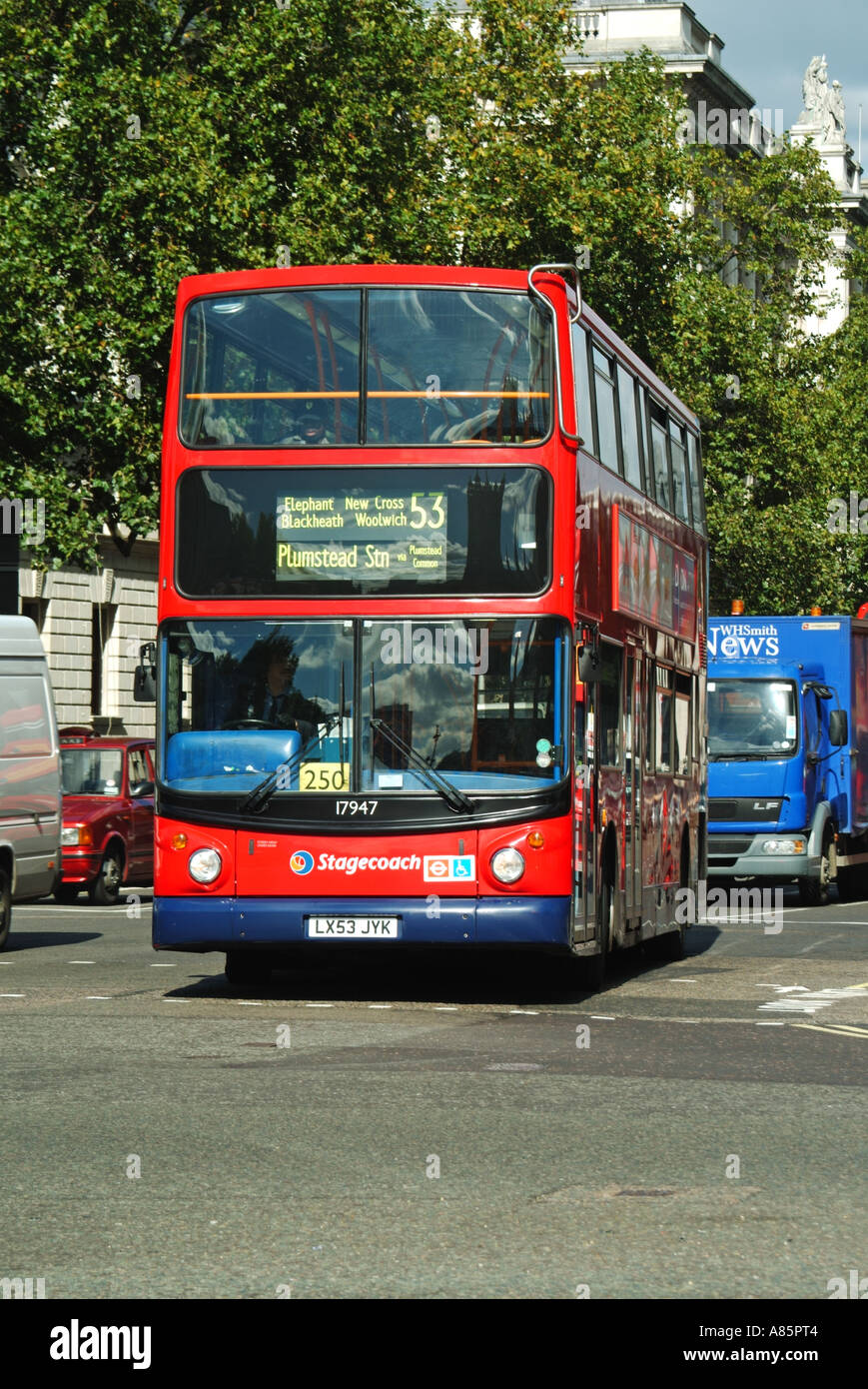 Front view red double decker Transport for London tfl Stagecoach public transport passenger bus company route 53 service & driver Whitehall England UK Stock Photo