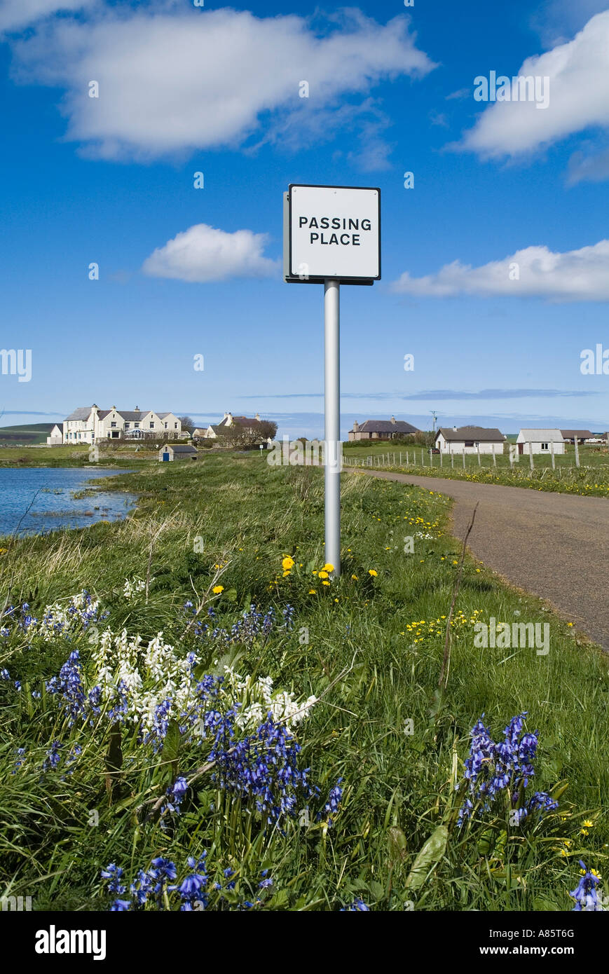 dh Passing place sign ROADSIGN UK Square shaped road sign and Orkney countryside post country lane scotland places Stock Photo