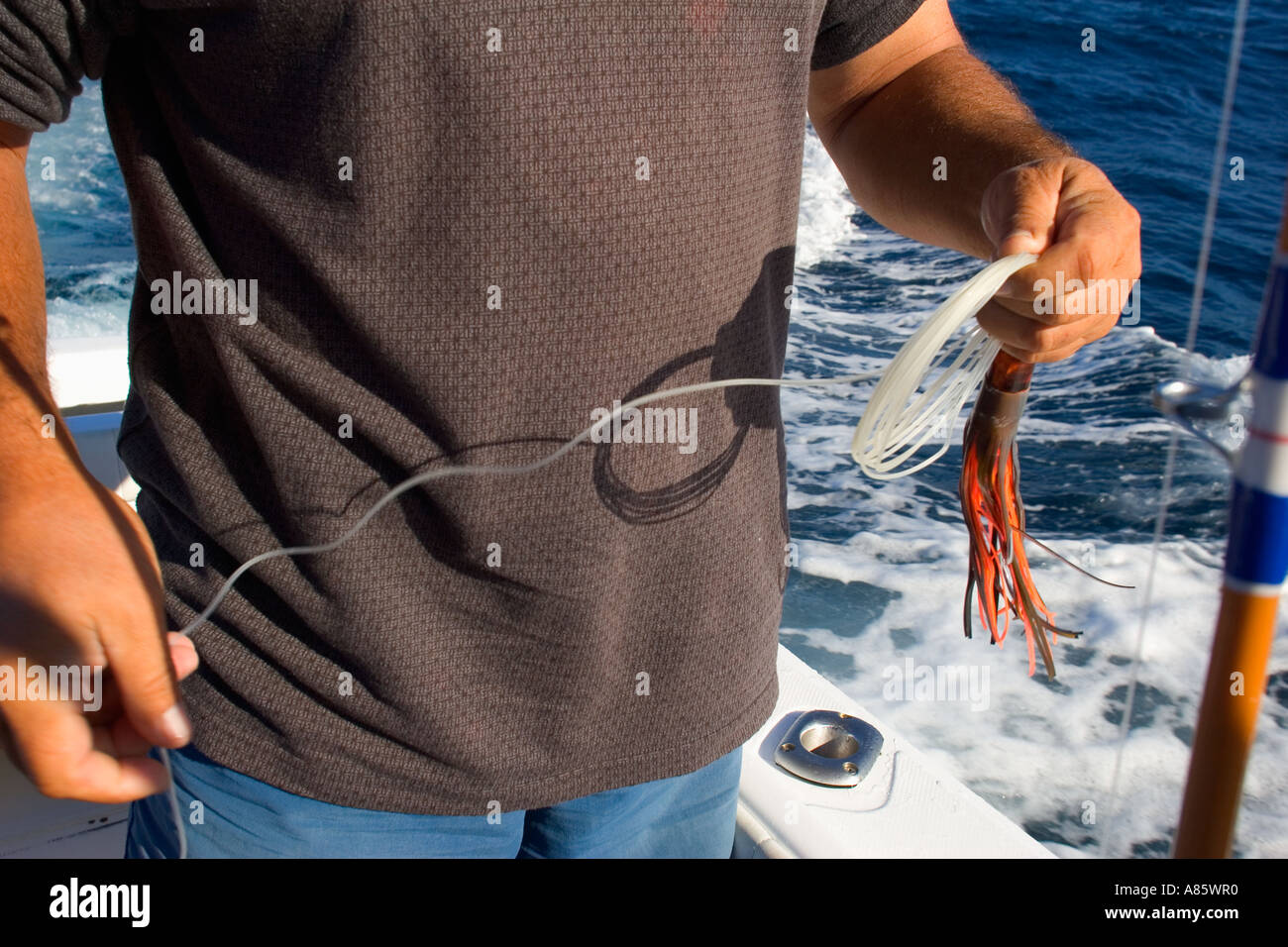 Preparing lure for marlin fishing Baja Mexico Stock Photo