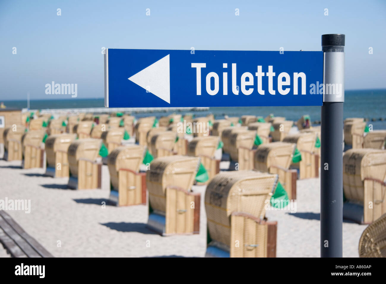 Sign Toiletten (Restrooms) on Beach at Baltic Sea, Germany Stock Photo