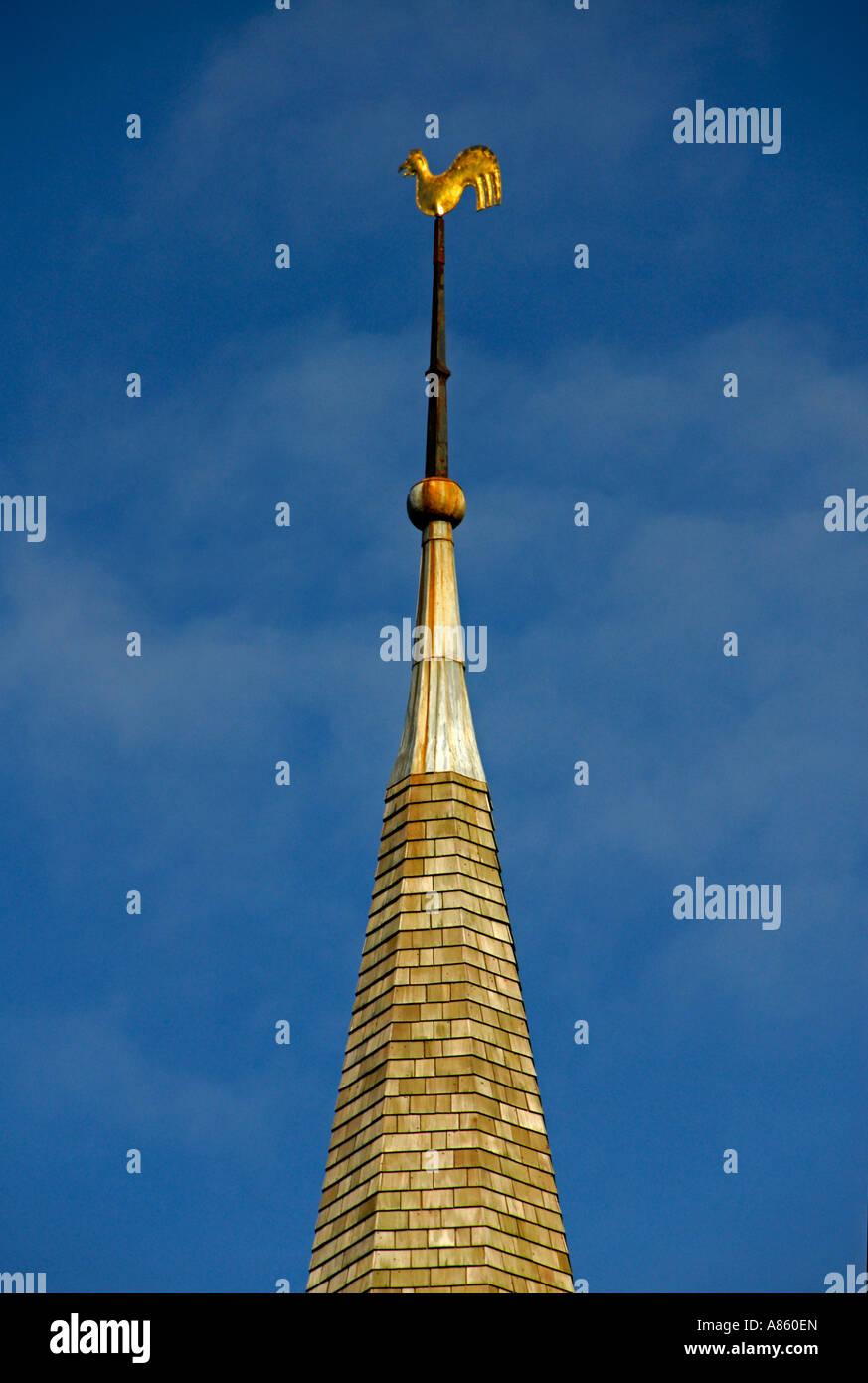 Golden cockerel on spire. Church of Saint Peter, Field Broughton. Lake District National Park, Cumbria, England, U.K., Europe. Stock Photo