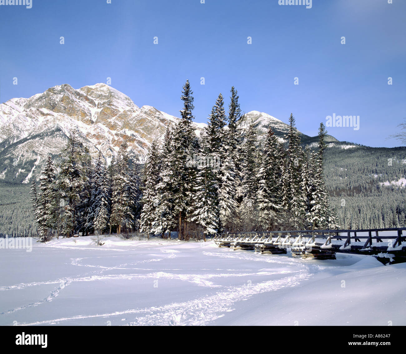 Frozen pyramid lake winter jasper national park hi-res stock ...