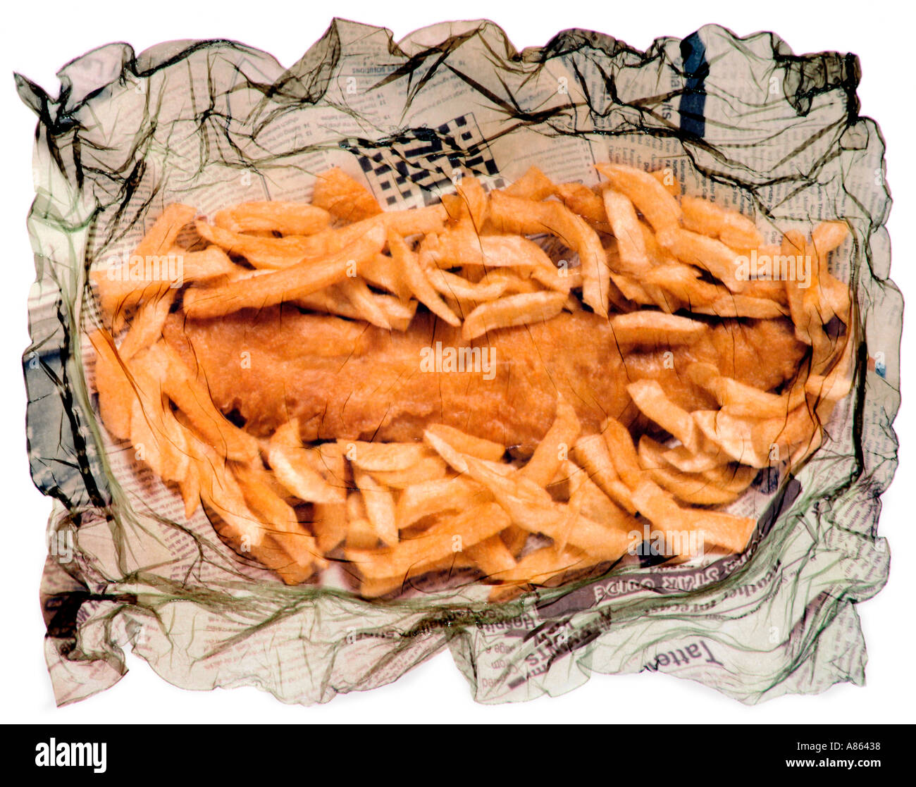 fish and chips in newspaper as a polaroid emulsion transfer Stock Photo