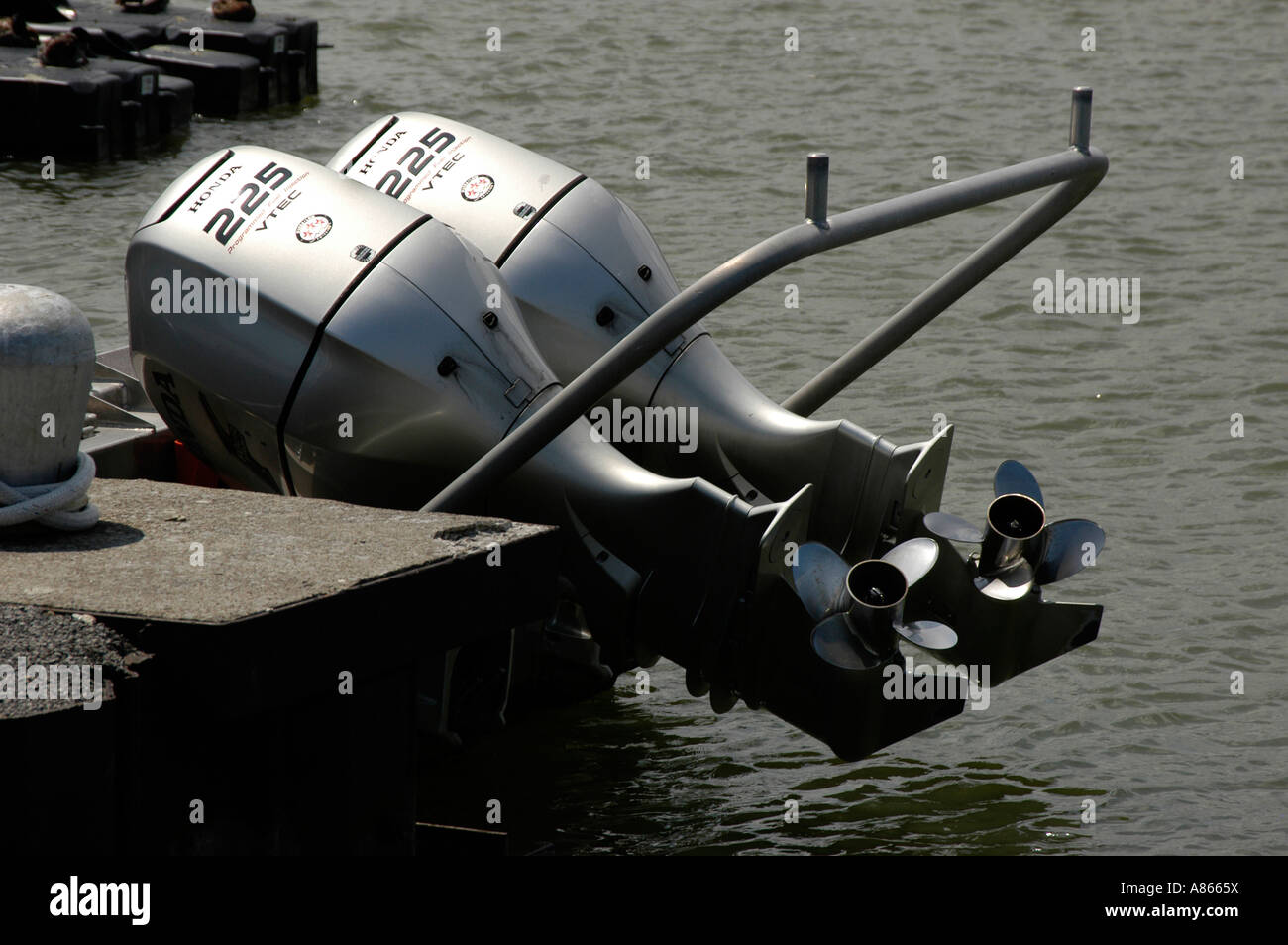 Twin outboard boat engines Stock Photo Alamy